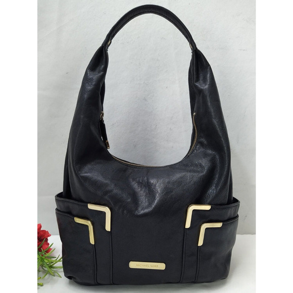 Michael Kors Black Leather Pockets Zipper Closure Hobo Shoulder Bag - Picture 1 of 16